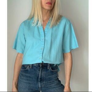 Vintage Baby Blue Linen Boxy Button Down